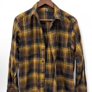 Uniqlo Yellow Black Flannel Checked Long Sleeve Button Down Shirt, Unisex Small